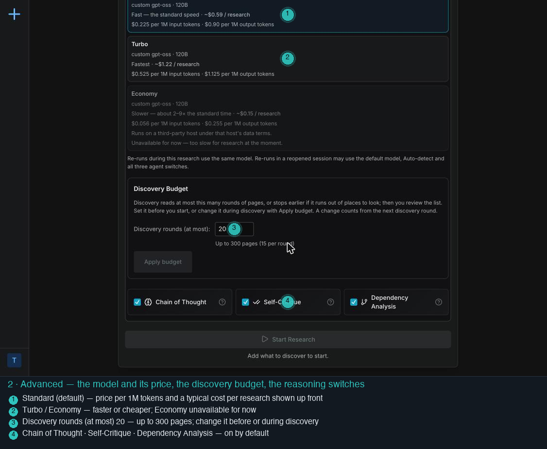 The Advanced panel: Standard, Turbo and Economy models with prices, the discovery budget of 20 rounds, three reasoning switches