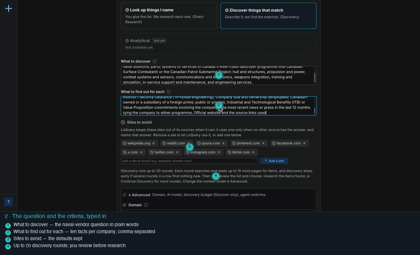 The board with the naval-vendor question and the ten criteria typed in