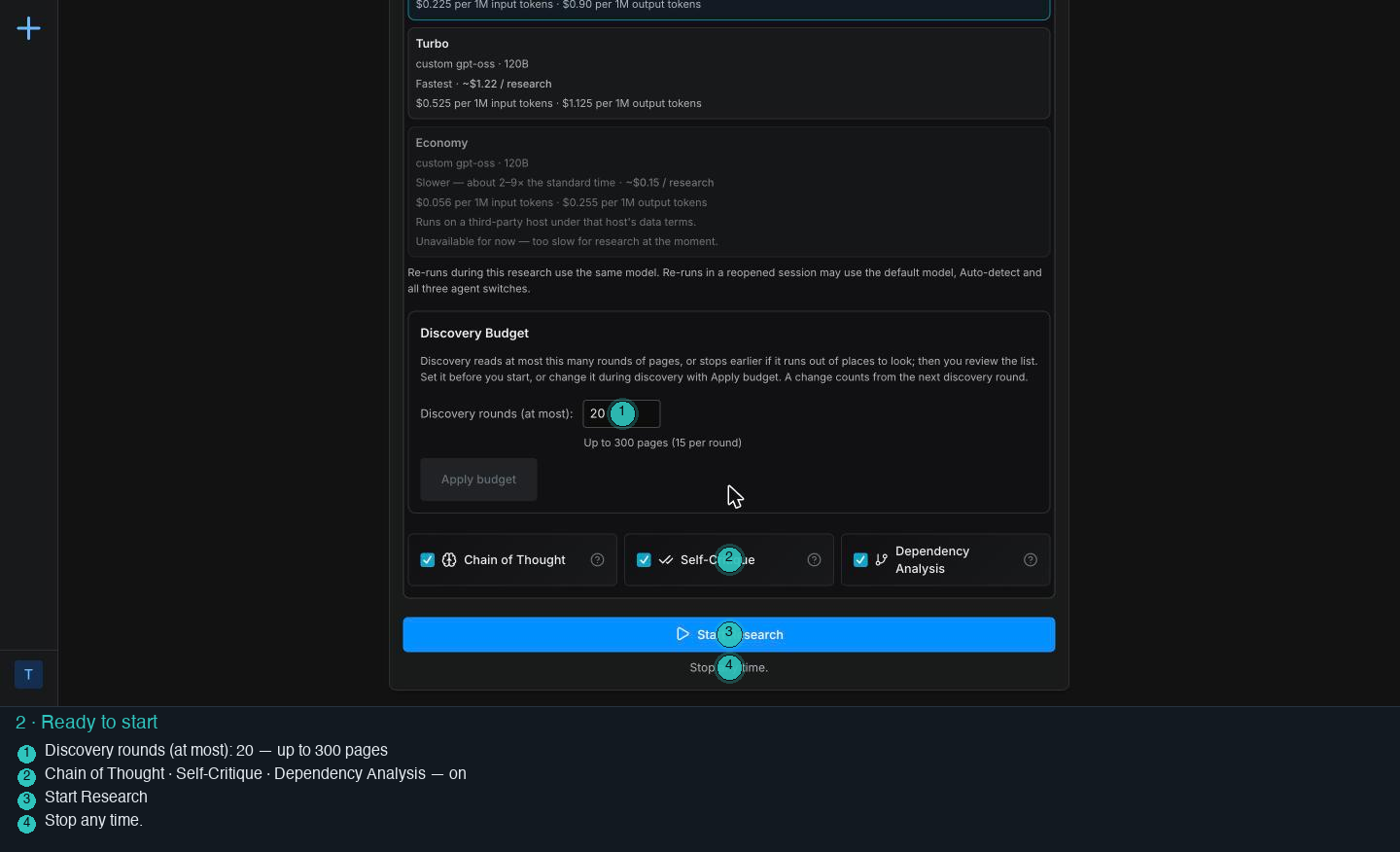 Start Research enabled, with the note Stop any time