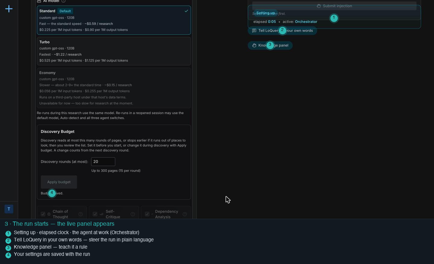 The run panel appearing: Setting up, elapsed 0:05, active agent Orchestrator