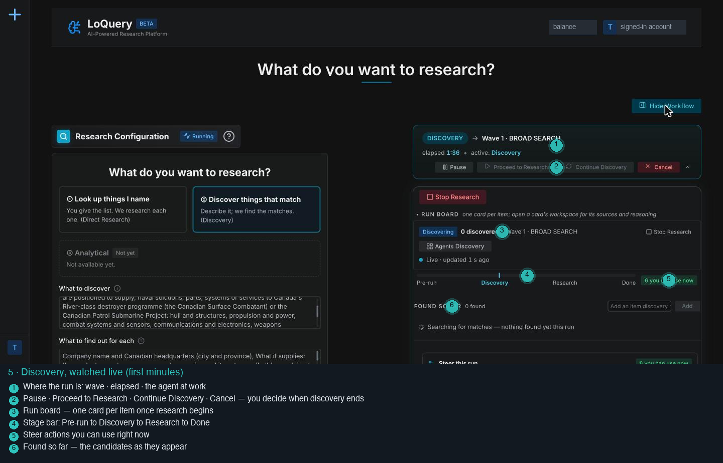 Discovery, first minutes: Wave 1 broad search, 0 found, the controls and the stage bar