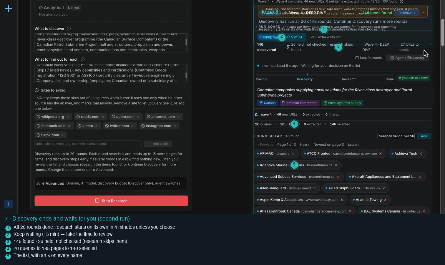 The review list of the second run: all 20 rounds done, 146 found, 26 held, Keep waiting, the funnel of 26 queries to 185 pages to 146 selected, the list with a remove cross on every name