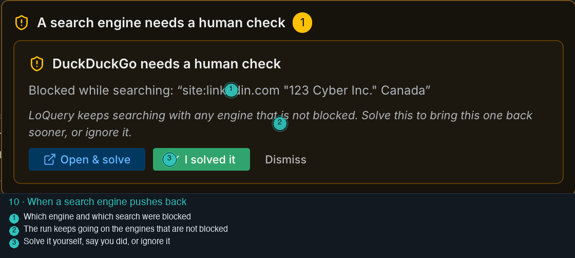 The notice: DuckDuckGo needs a human check for one search; LoQuery keeps searching with the other engines